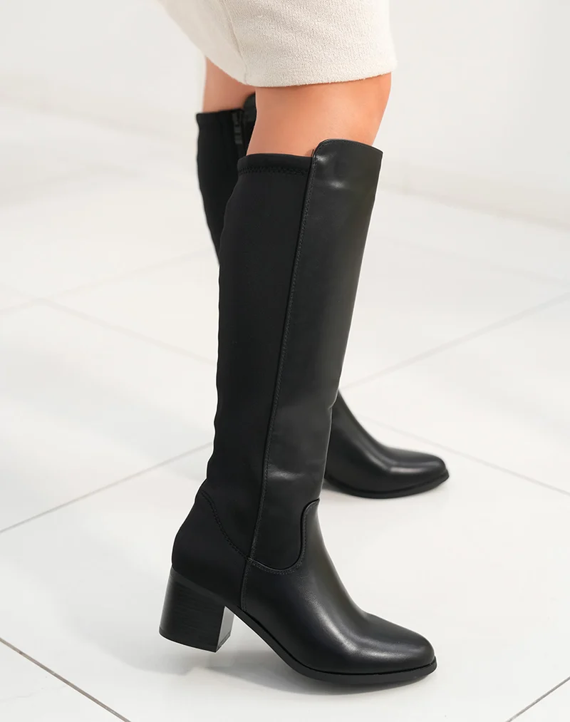 Bottes femme noires à talon moyen avec élastique et bout rond élégantes et confortables
