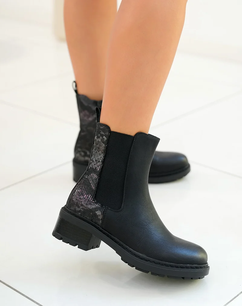 Bottines femme noires bi-matière avec effet crocodile et élastique