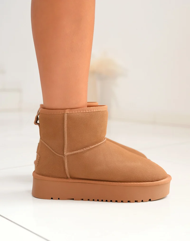 Bottines femme camel en cuir mi-hautes à plateforme épaisse fourrées et tendance