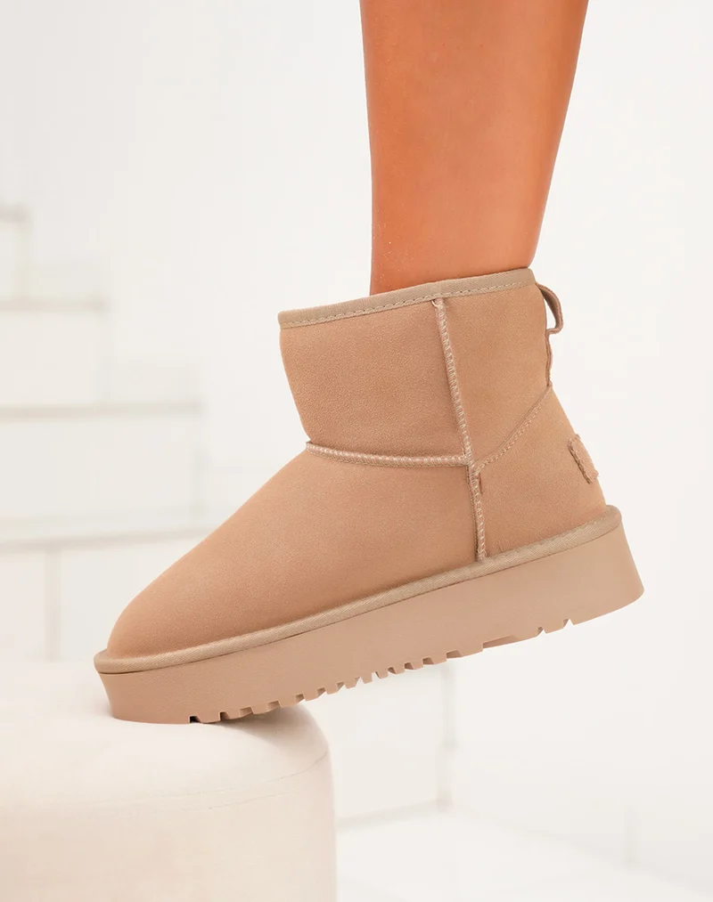 Bottines femme taupe mi-hautes en cuir à plateforme épaisse fourrées et tendance