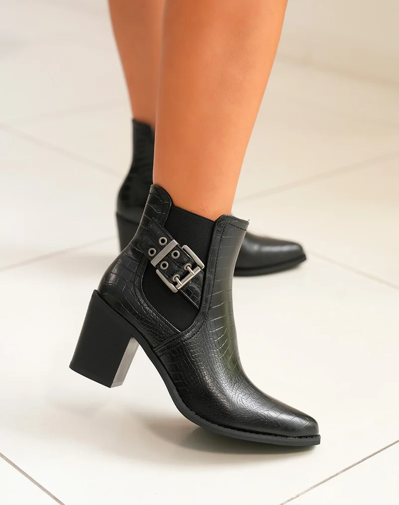 Bottines femme noires texturées avec talon et sangles argentées