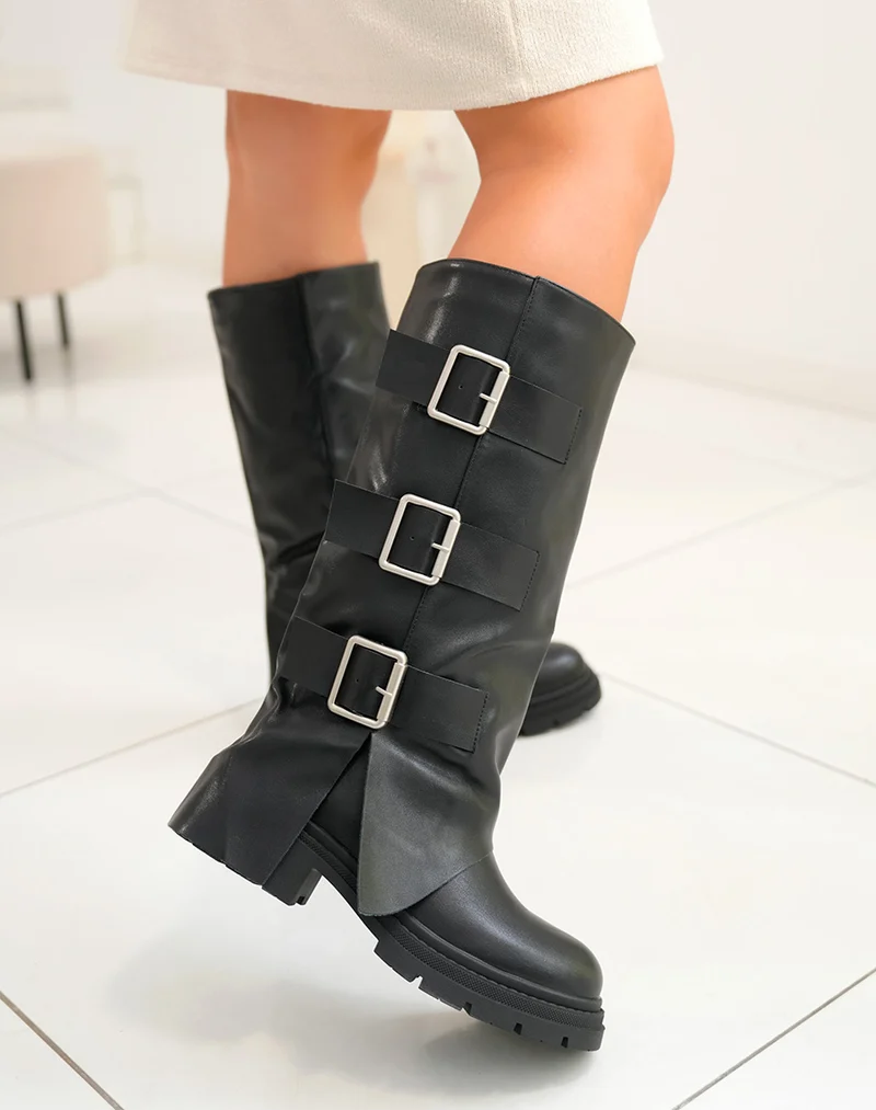 Bottes femme noires à triple boucles avec semelle crantée