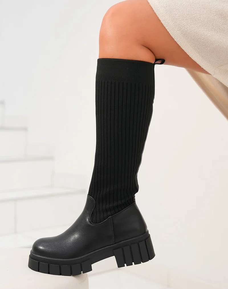 Bottes noires chaussette à plateforme crantée