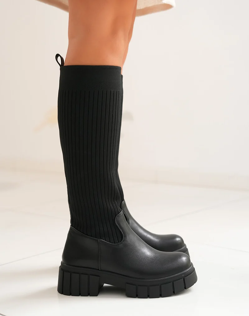 Bottes noires chaussette à plateforme crantée