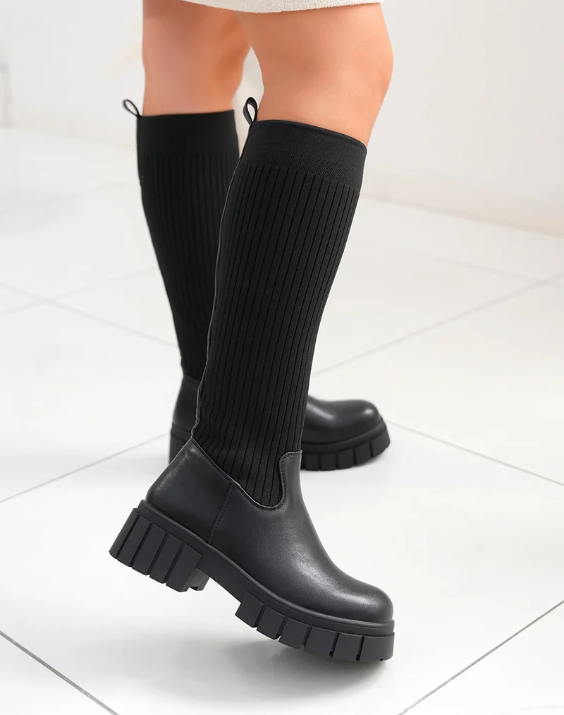 Bottes noires chaussette à plateforme crantée