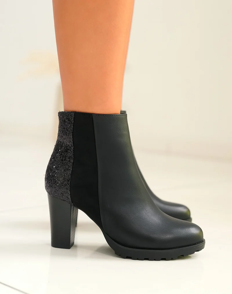 Bottines noires triple matière à paillettes et à talon