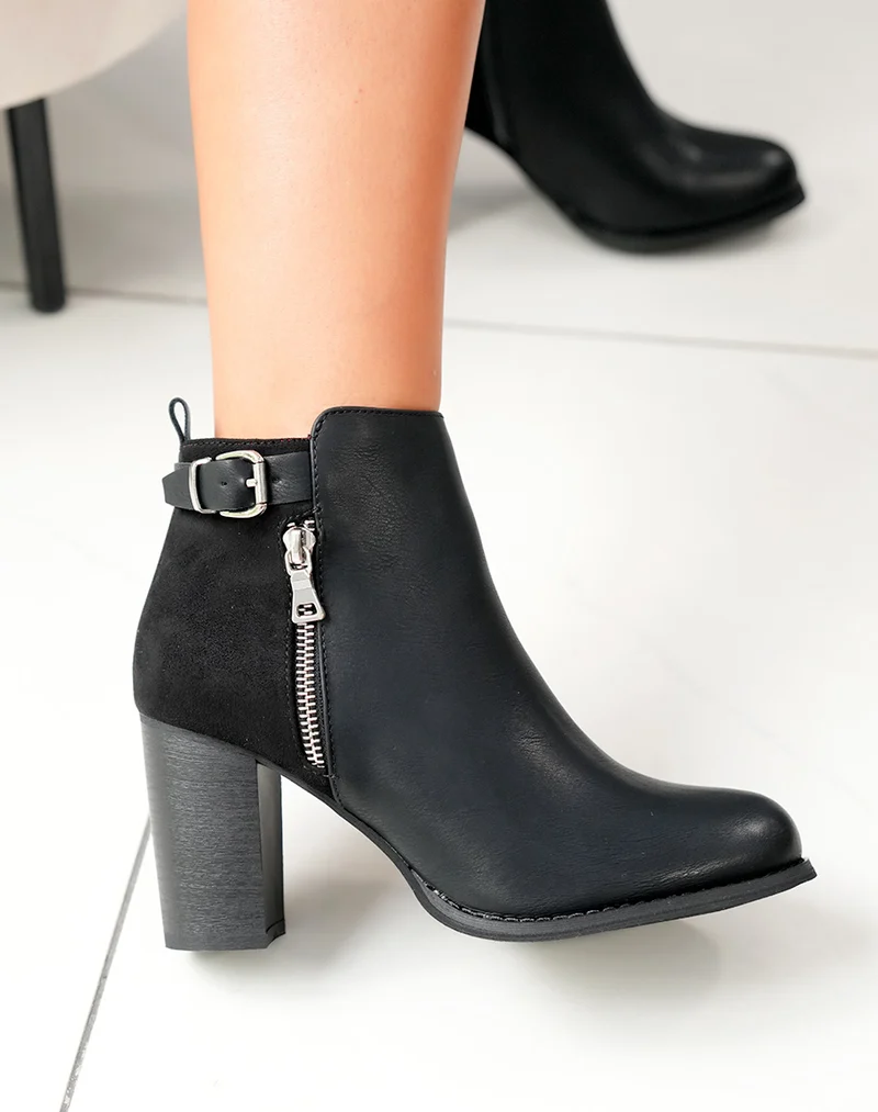 Bottines à talons noires bi matières avec sangle
