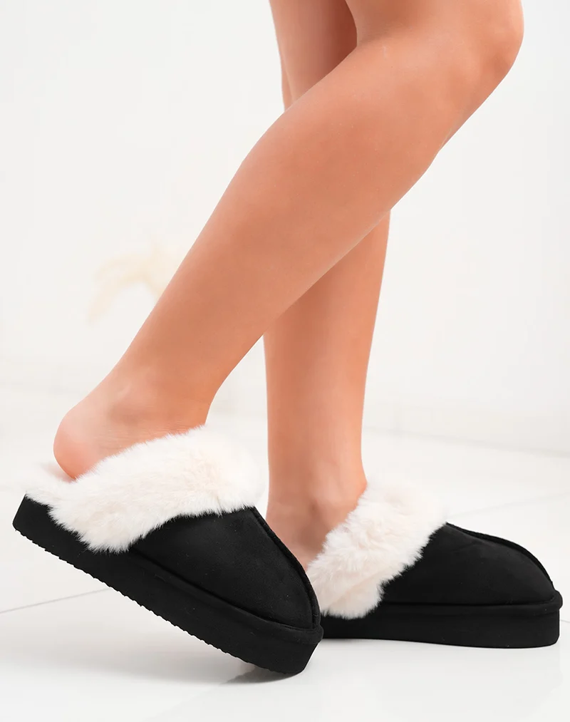 Mules femme noires en suédine fourrées blanches avec plateforme