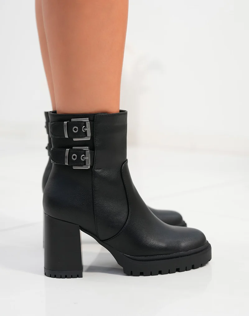 Bottines femme noires avec talon épais et double lanières ajustables
