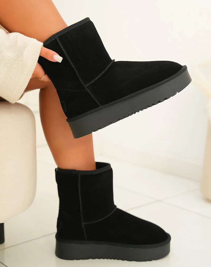 Bottines femme noires en cuir avec plateforme épaisse et intérieur fourré