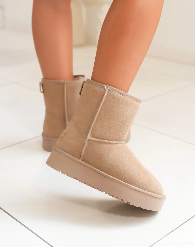 Bottines femme taupe en cuir à plateforme épaisse fourrées et tendance