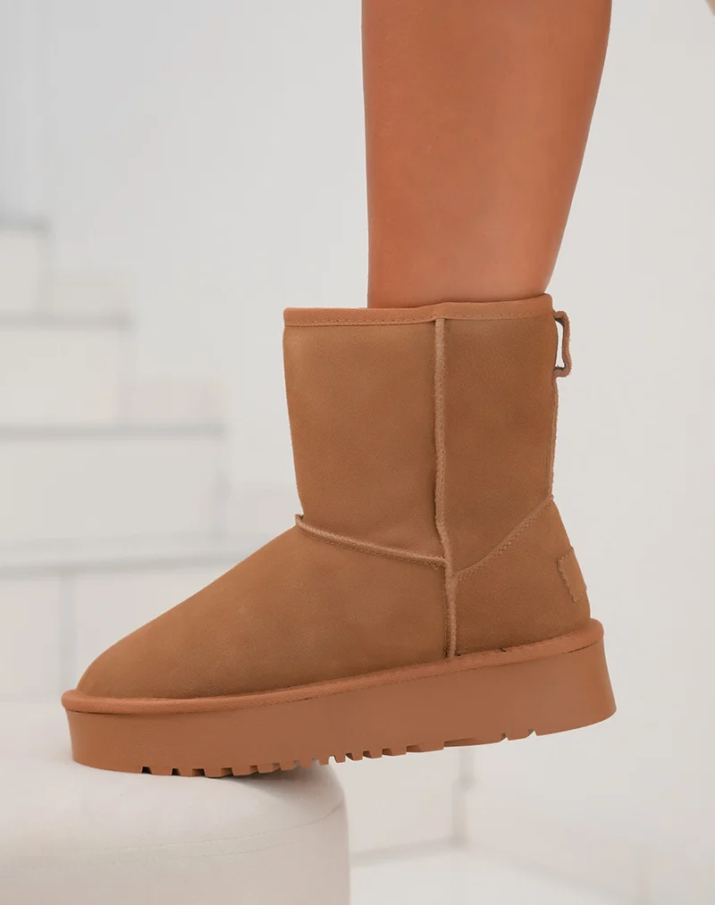 Bottines femme camel en cuir à plateforme épaisse fourrées et tendance