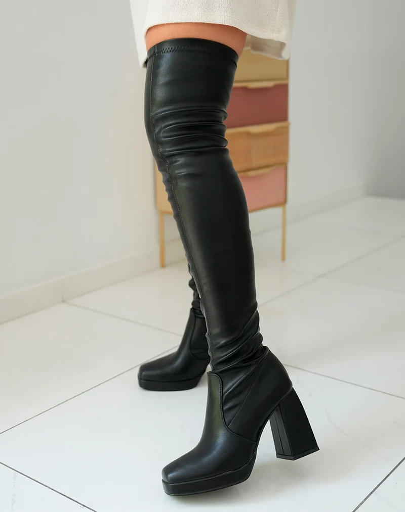Cuissardes Noires à Talon Haut Épais pour Femme