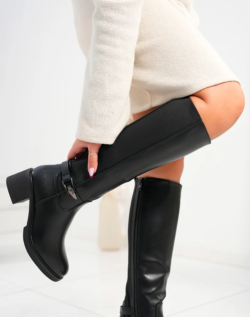 Bottes femme noires à talon moyen avec élastique et lanière argentée