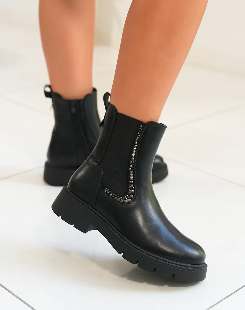 Bottines femme noires Chelsea avec détail clous anthracite