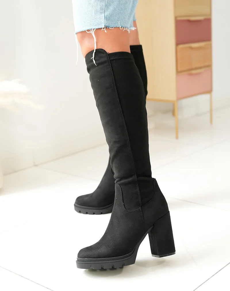 Bottes en suédine noires à talons hauts pour femme