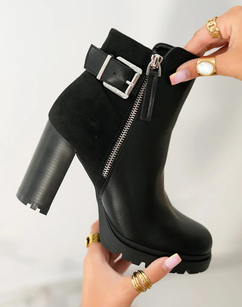 Bottines noires bi-matières à talons crantés avec sangle