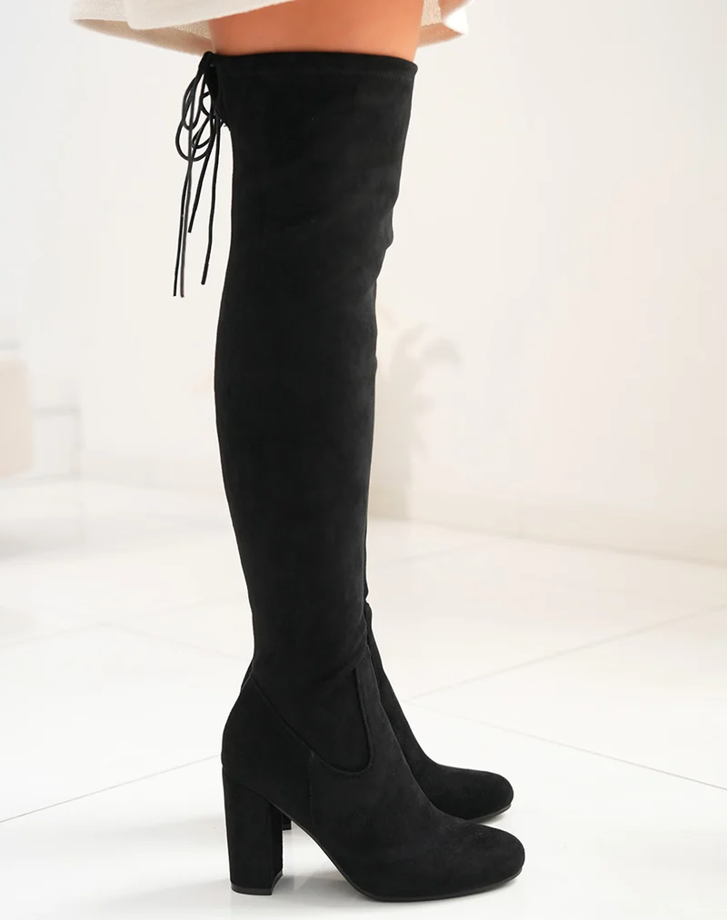 Cuissardes à talon noires en suédine ajustable