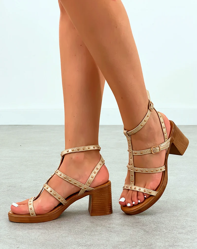Sandales Femme Dorées Brillantes à Talon Bloc Marron - Style Lumineux et Confort Absolu