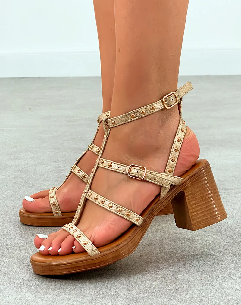 Sandales Femme Dorées Brillantes à Talon Bloc Marron - Style Lumineux et Confort Absolu