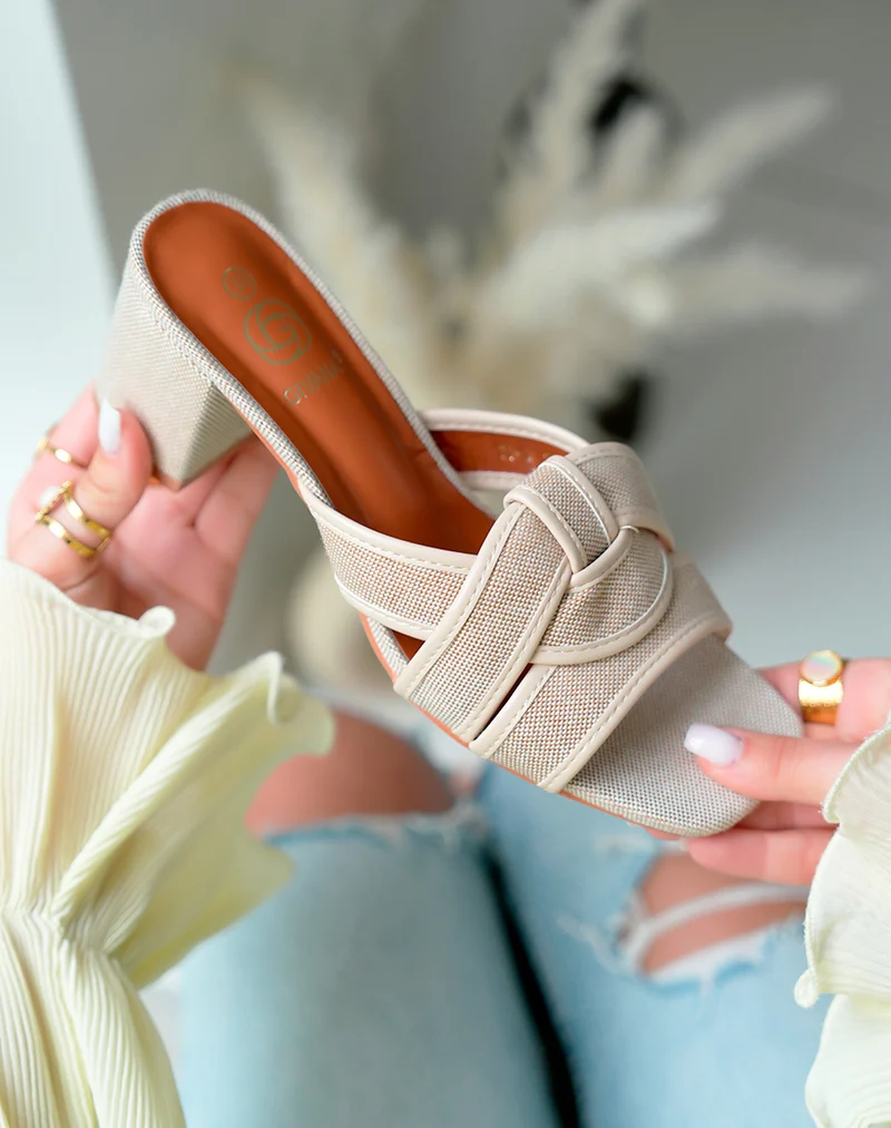 Mules femme beige en tissu à brides entrecroisées et talon épais
