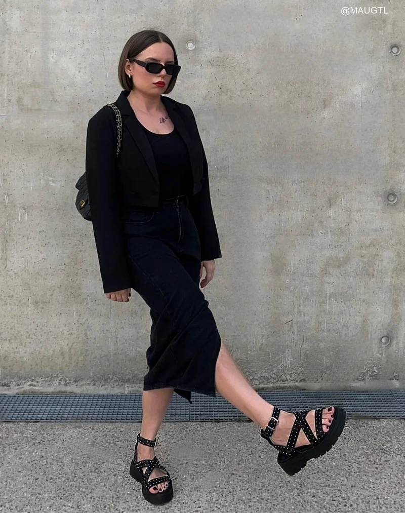 Sandales femme noires tendance avec semelle épaisse crantée et brides cloutées