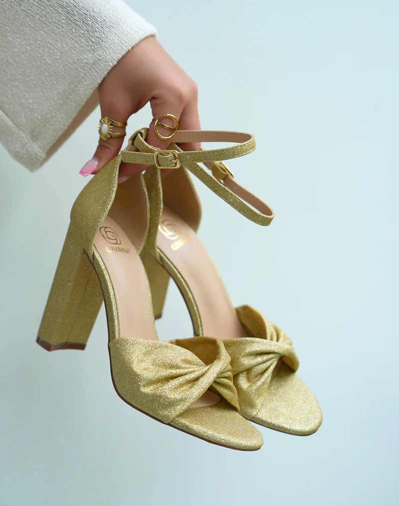 Sandales à talons femme dorées pailletées avec bride nouée
