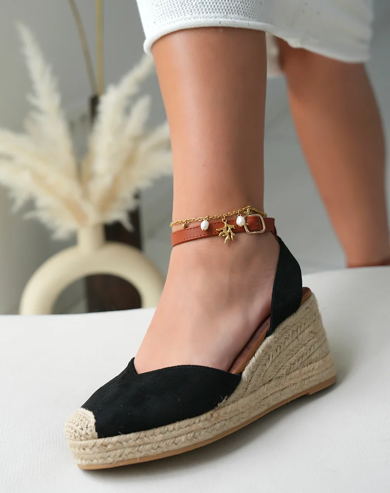 Espadrilles compensées femme en suédine noire avec lanière ajustable camel