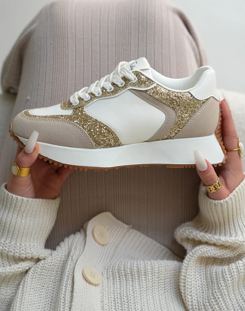 Baskets montantes blanches à paillettes et empiècement beige
