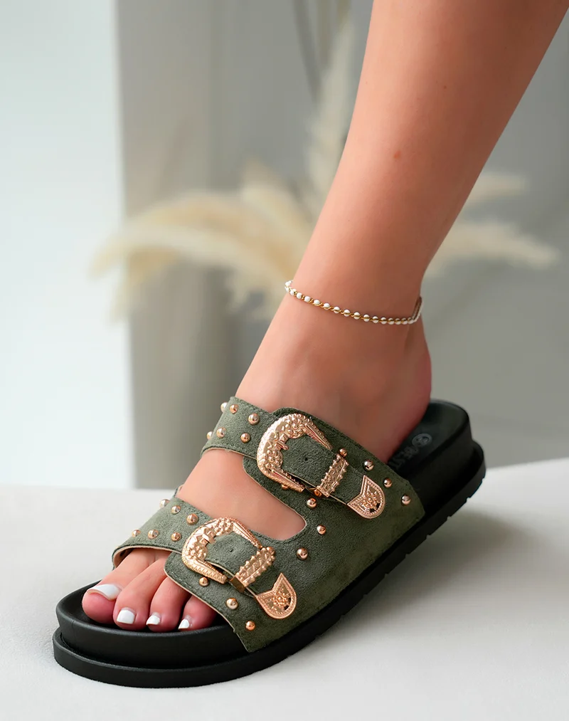 Mules Vert Kaki en Suédine avec Double Sangle Cloutée – Audace Tendance
