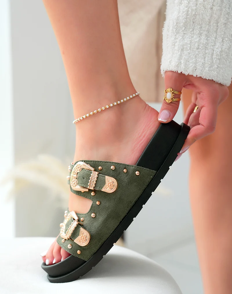 Mules Vert Kaki en Suédine avec Double Sangle Cloutée – Audace Tendance