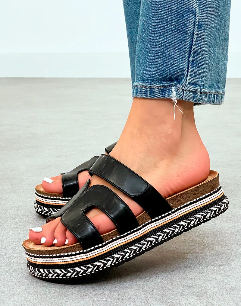 Sandales Mules Noires à Plateforme avec Motif Aztèque – Confort Ethnique Chic