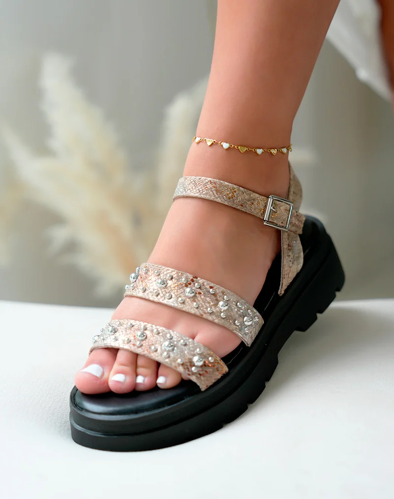Sandales femme effet serpent à double brides cloutées avec semelle épaisse crantée
