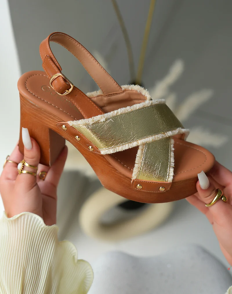 Sandales sabots femme dorées à bride entrecroisée et lanière ajustable camel