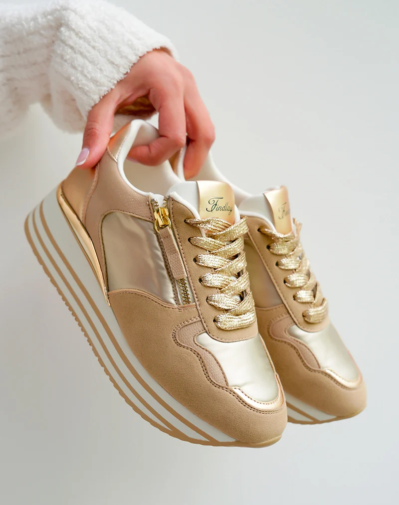 Baskets Femme Beige Métallisé Plateforme Dorée Chic