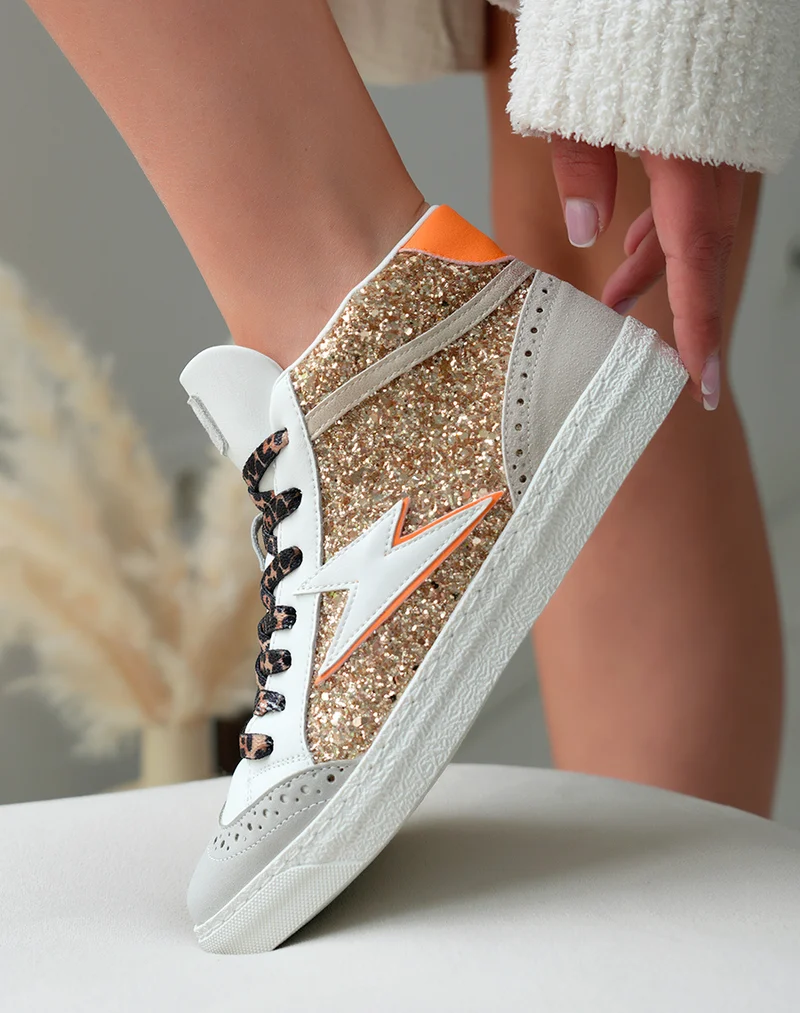 Baskets Montantes Femme Beige Glamour à Paillettes et Lacets Léopard