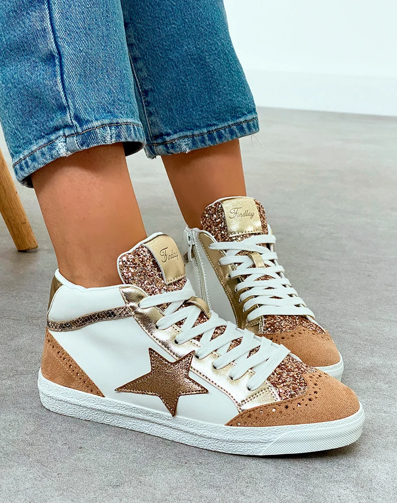 Baskets Montantes Femme Beige Nuancé Tendance avec Paillettes et Étoile Dorée