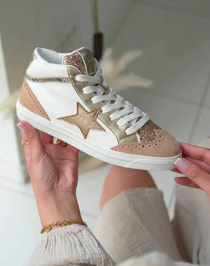 Baskets Montantes Femme Beige Nuancé Tendance avec Paillettes et Étoile Dorée
