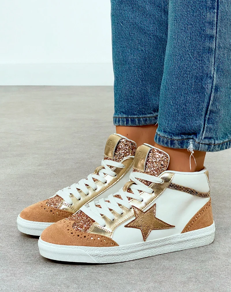 Baskets Montantes Femme Beige Nuancé Tendance avec Paillettes et Étoile Dorée