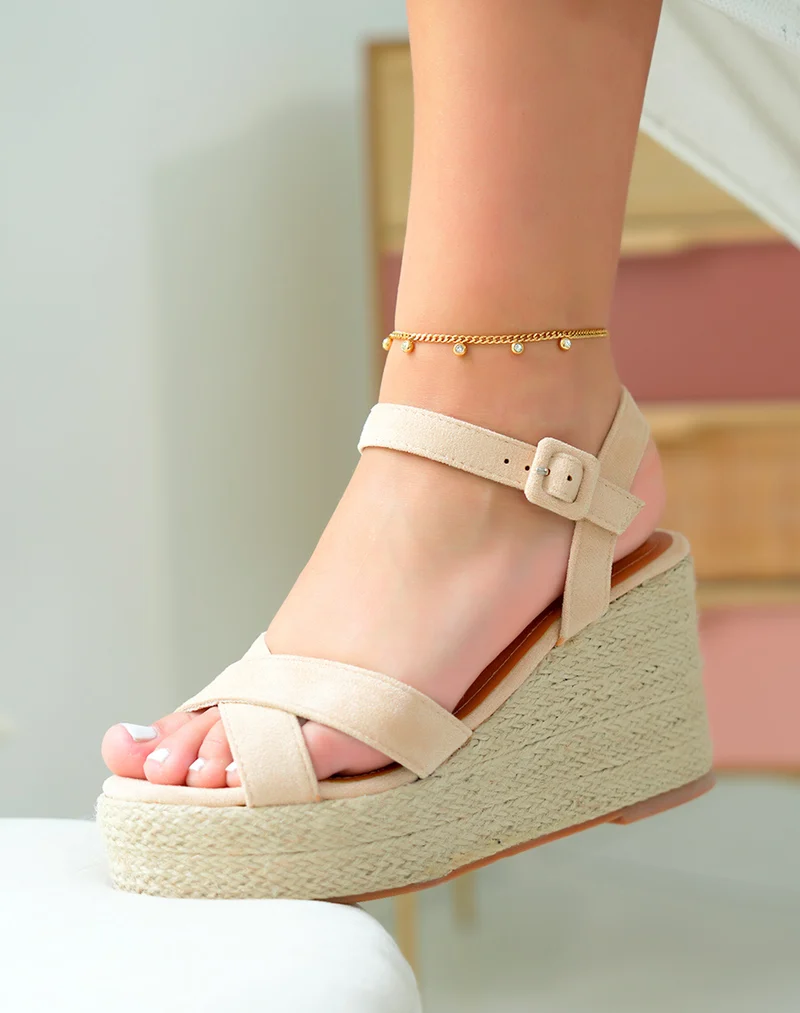 Sandales Compensées Beige Élégantes avec Bride Entrecroisée pour Femme
