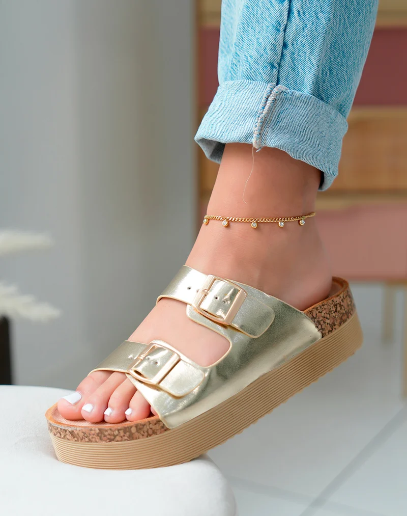 Sandales femme dorées à double sangle ajustable avec plateforme épaisse