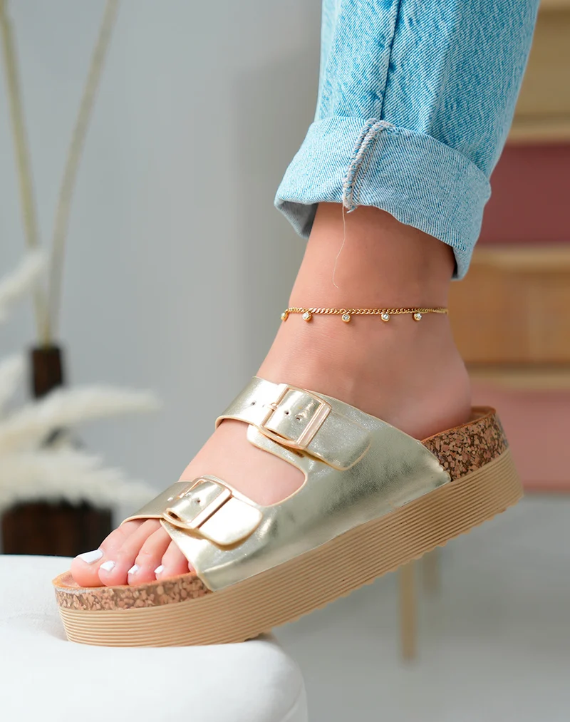 Sandales femme dorées à double sangle ajustable avec plateforme épaisse