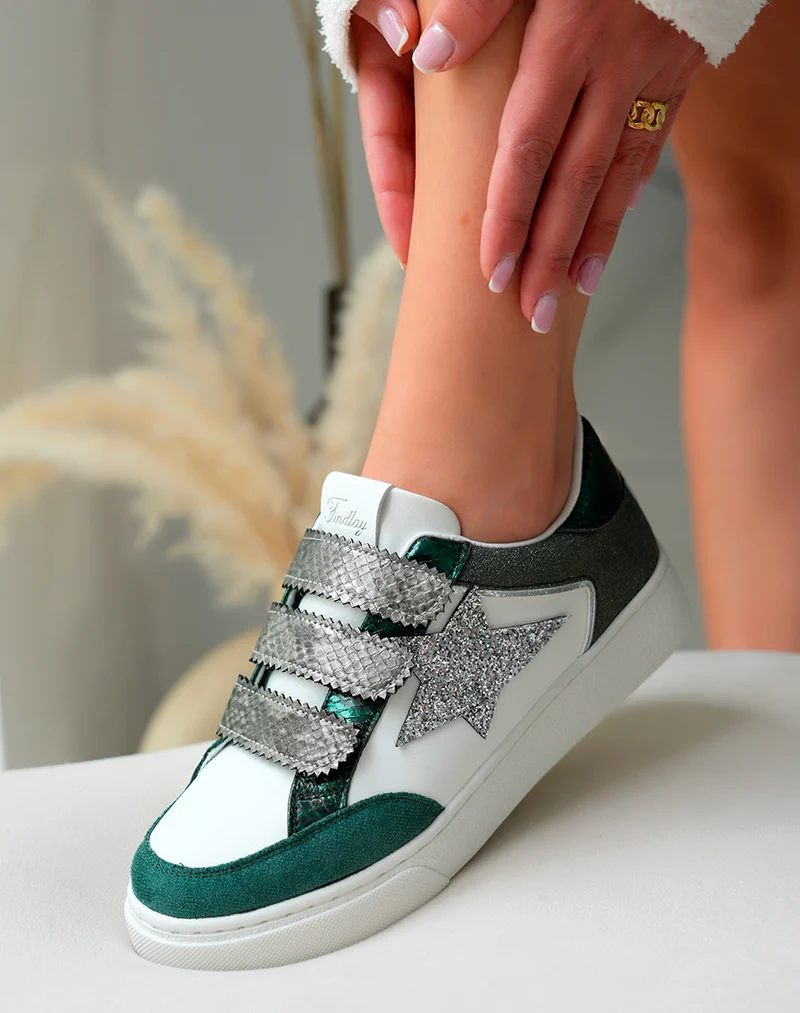 Baskets Femme Vertes Scratch Empiècements Pailletés Étoile Argentée