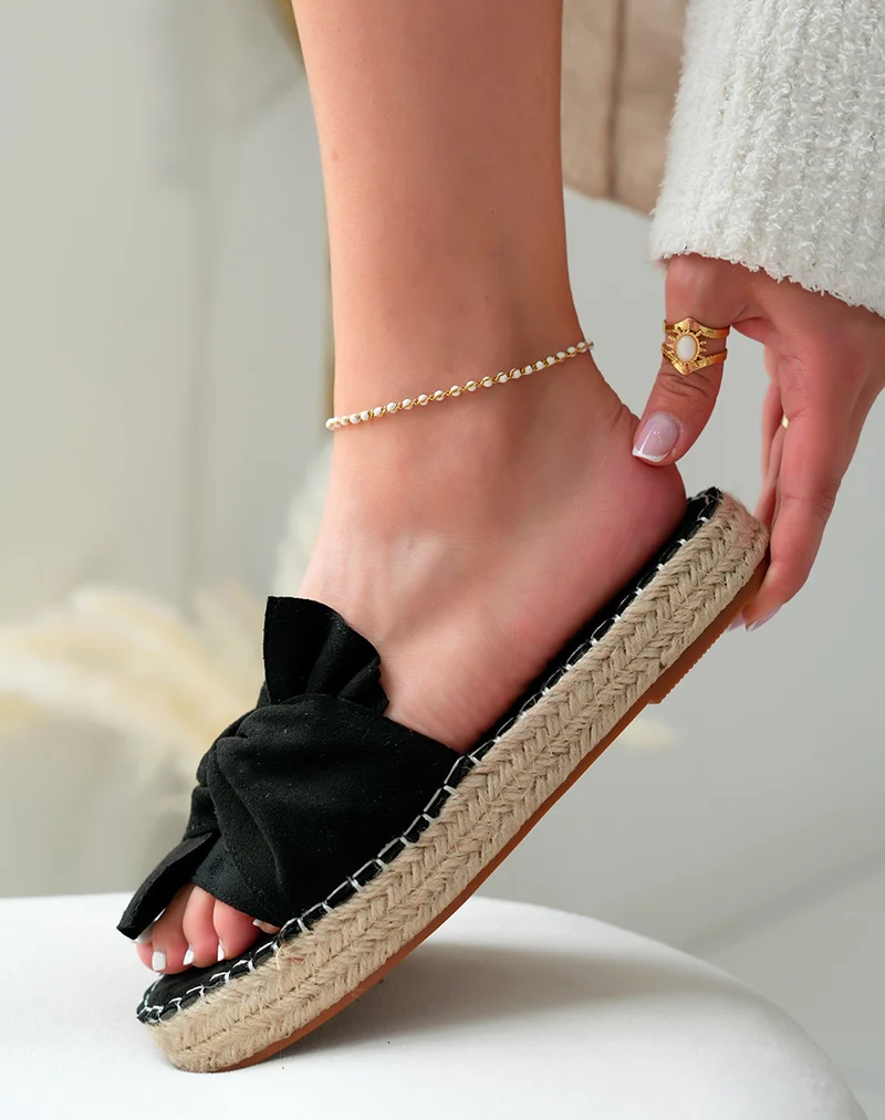 Mules Tendance en Suédine Noire avec Semelle en Corde et Nœud Décoratif