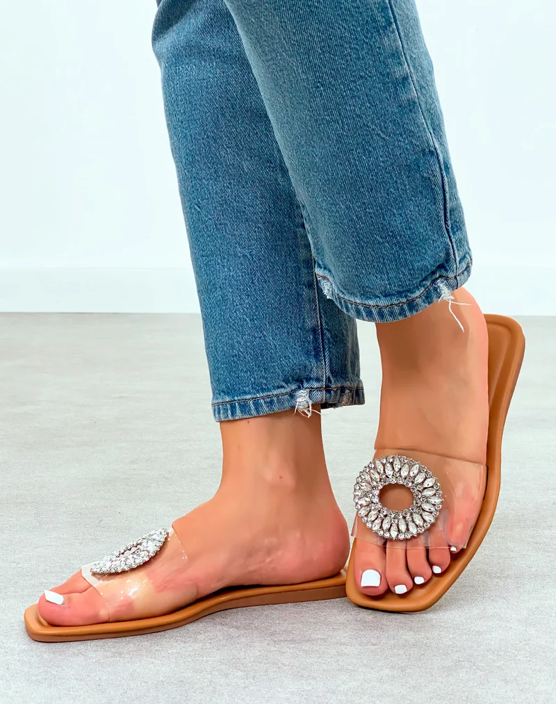 Mules Plates Transparentes avec Bijou Cristal pour Femme ? ?l?gance ?tincelante