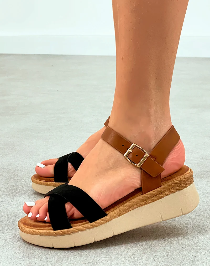 Sandales Femme Bi-Couleurs à Bride Entrecroisée et Plateforme Compensée