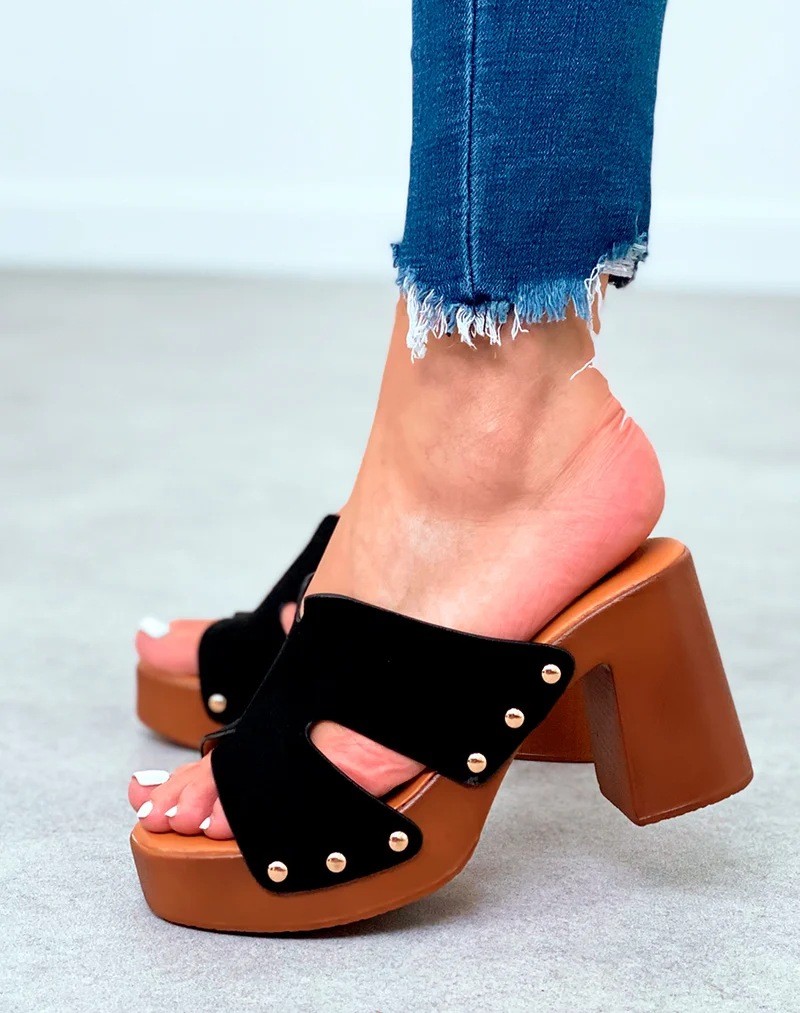 Mules sabots noirs en suédine à talons carrés pour femme