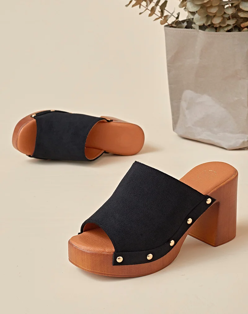Mules sabots noires à talons carré en suédine