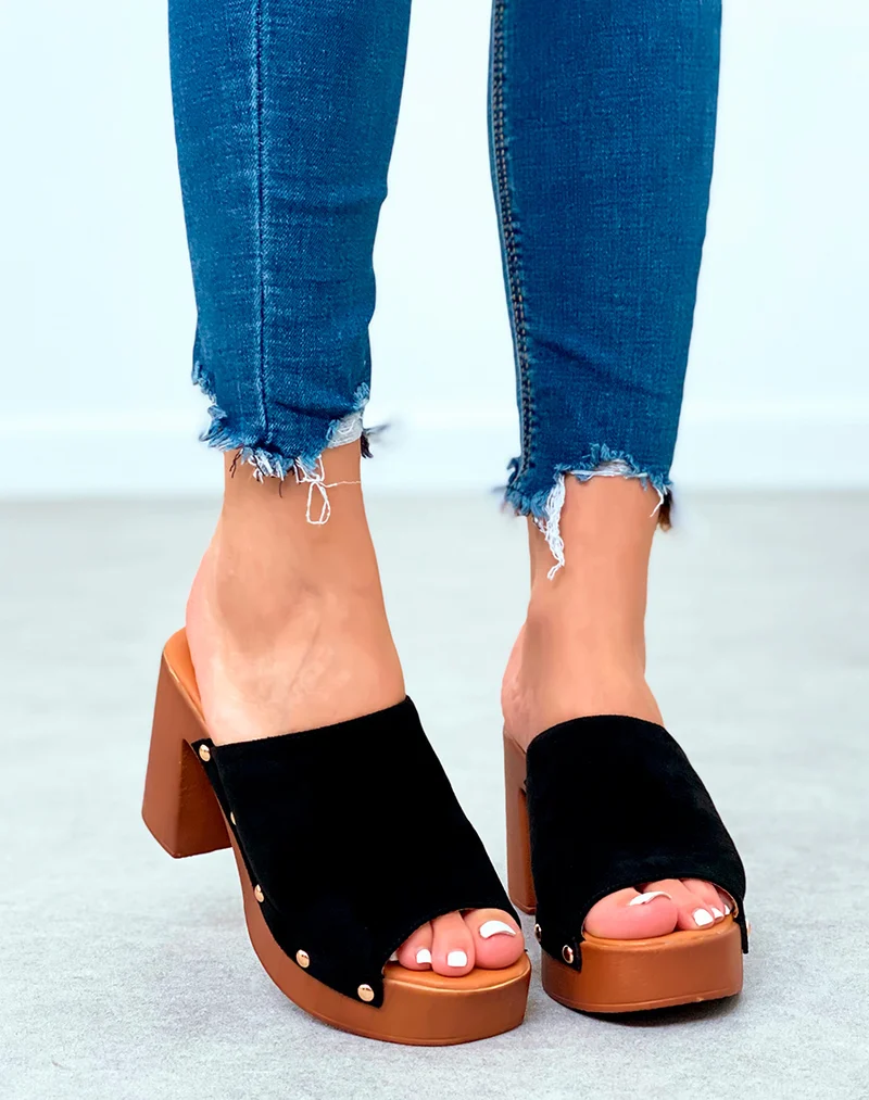 Mules sabots noires à talons carré en suédine