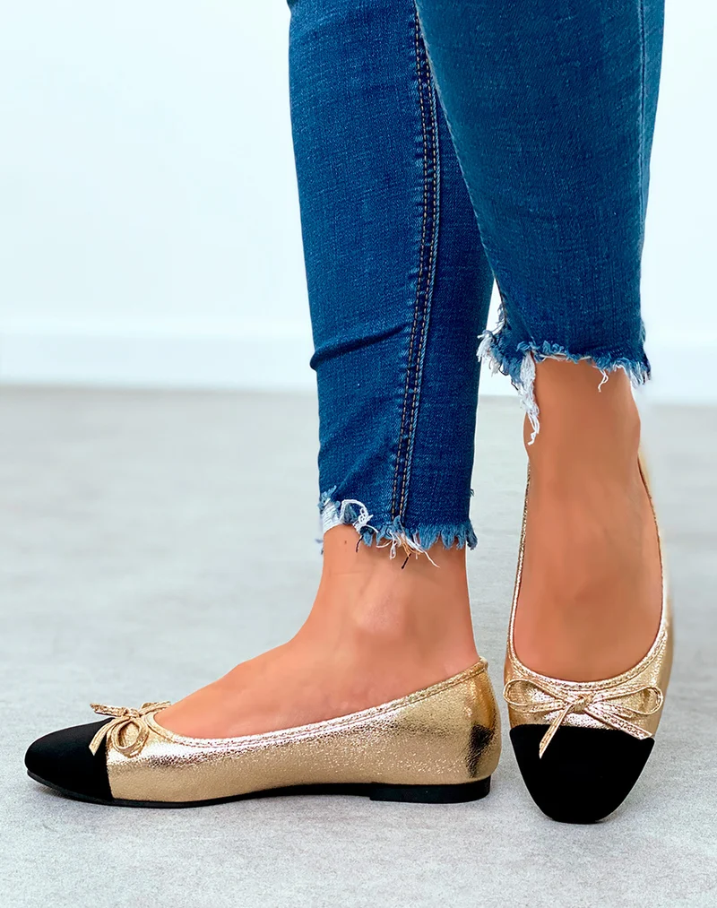 Ballerines dorées grainées pour femmes à détail nœud